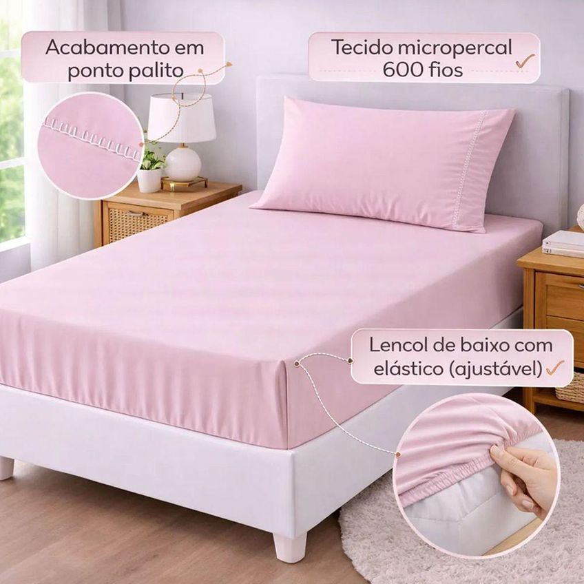 Jogo De Cama Lençol Egipicio Solteiro 2 Peças Micropercal 600 Fios Macio Rosa Casa Show Enxovais - imagem 3