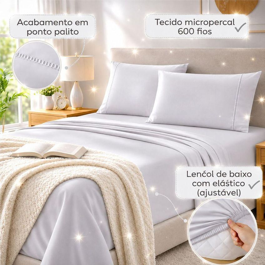 Jogo De Cama Quality Queen 4 Peças Micropercal 600 Fios Branco Casa Show Enxovais - imagem 2