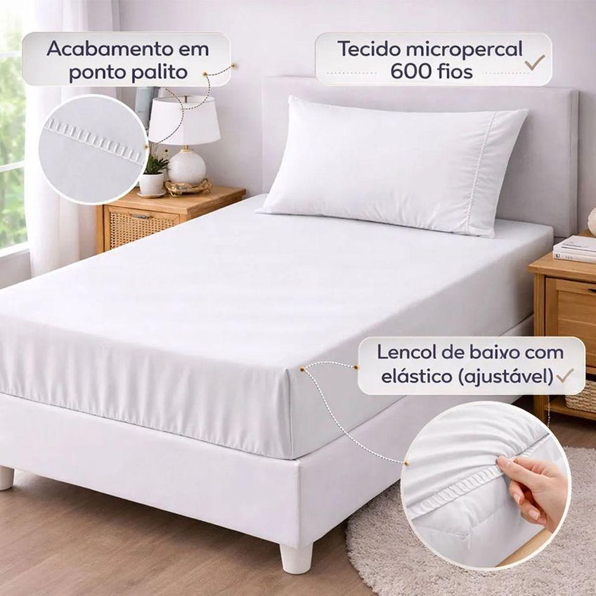 Jogo De Cama Lençol Egipicio Solteiro 2 Peças Micropercal 600 Fios Branco Casa Show Enxovais - imagem 2