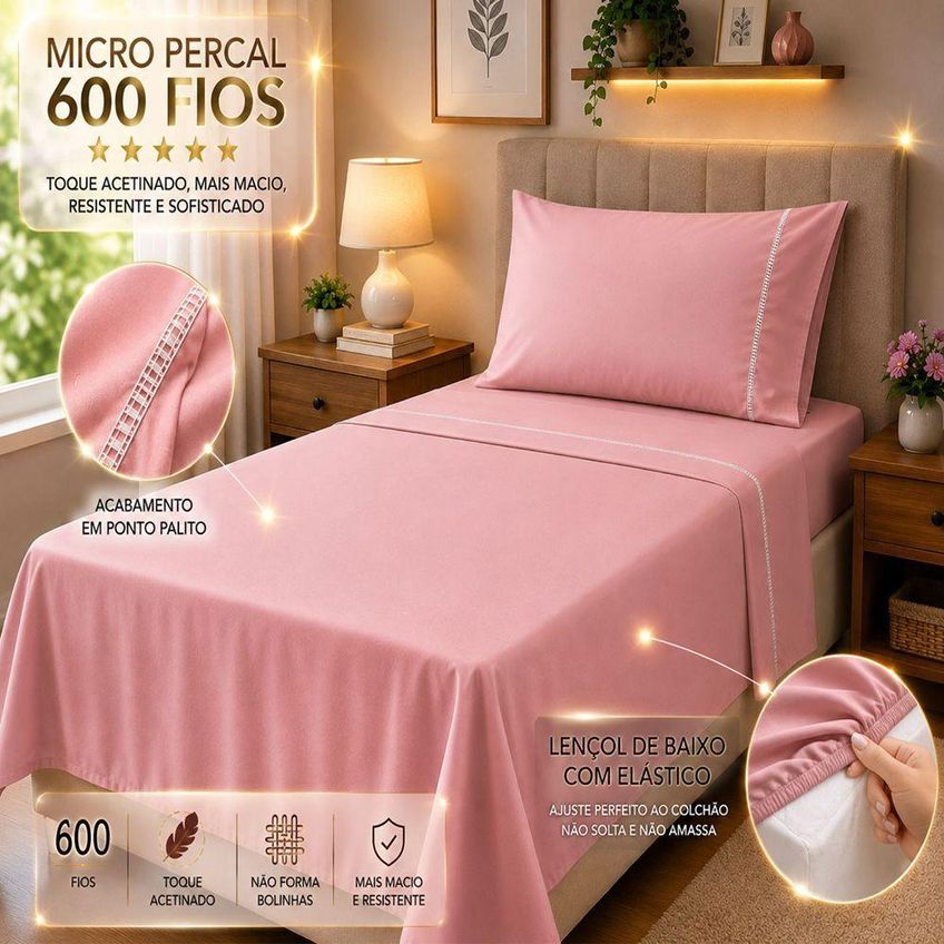 Jogo De Cama Quality Solteiro Micropercal 600 Fios 100% Poliéster Rosê Casa Show Enxovais - imagem 3