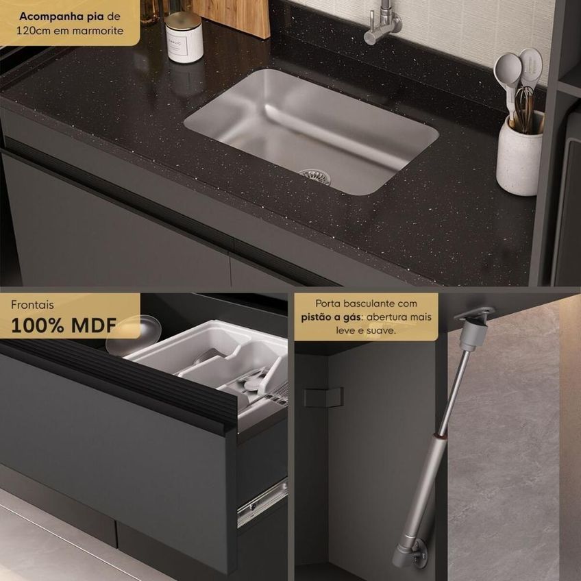 Cozinha Completa Milano 7 Portas 1 Gaveta MDP-MDF 251,5cm Grafite E Preto Multimóveis - imagem 2