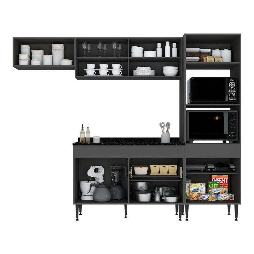 Cozinha Completa Milano 7 Portas 1 Gaveta MDP-MDF 251,5cm Grafite E Preto Multimóveis - imagem 4