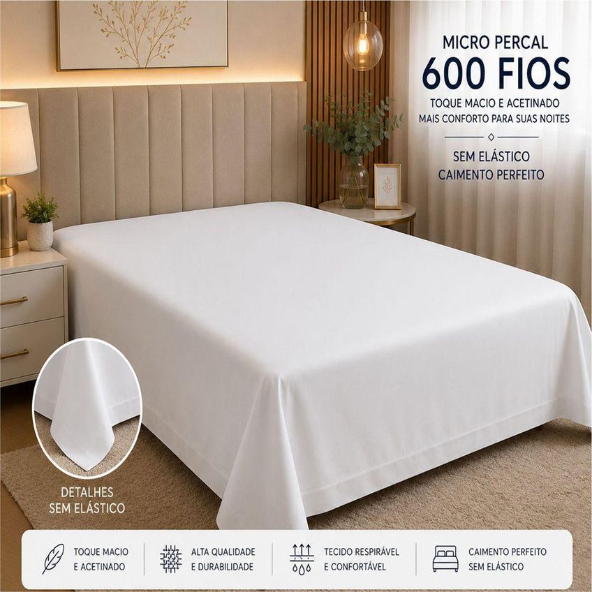 Lençol Avulso Quality Solteiro Micropercal 600 Fios Macio Sem Elástico Branco - imagem 3