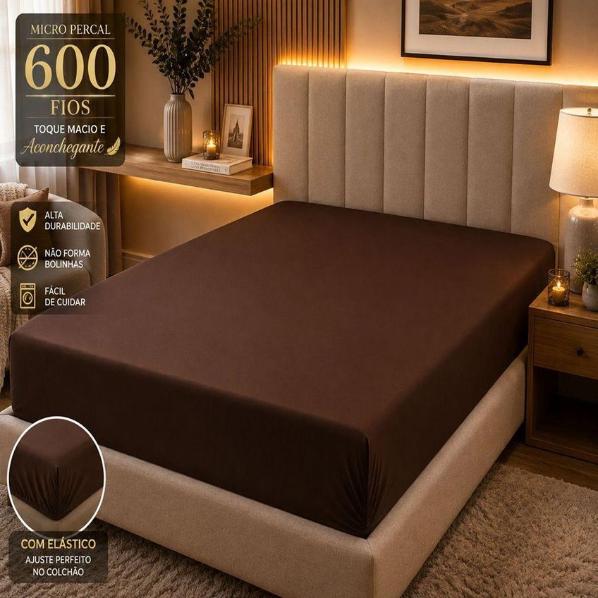 Jogo De Cama Lençol Quality King 2 Peças Micropercal 600 Fios Marrom Casa Show Enxovais - imagem 4