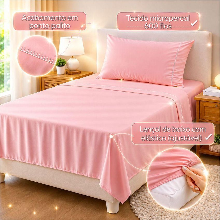 Jogo De Cama Quality Solteiro Micropercal 600 Fios 100% Poliéster 3 Peças Rosa Casa Show Enxovais - imagem 3