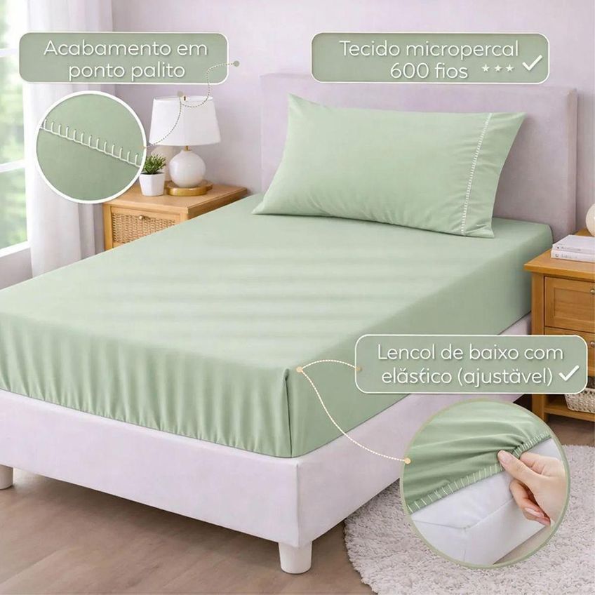 Jogo De Cama Lençol Egipicio Solteiro 2 Peças Micropercal 600 Fios Verde Claro Casa Show Enxovais - imagem 3
