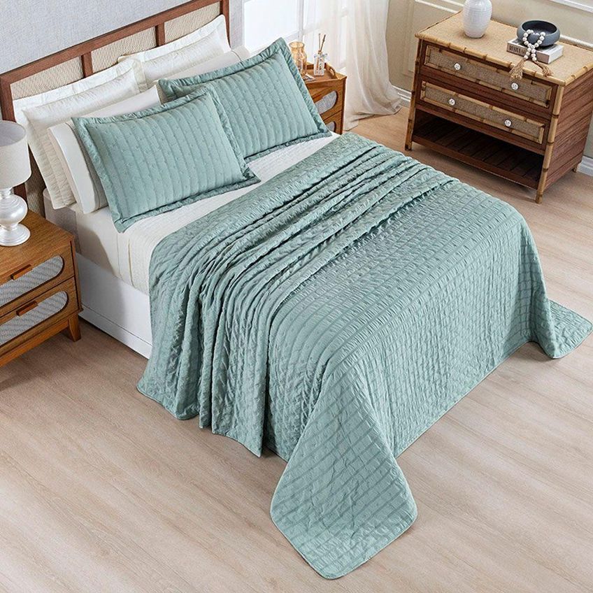 Cobre Leito Colcha Plissê King 3 Peças 100% Poliéster Matelassê Dupla Face Verde - imagem 4