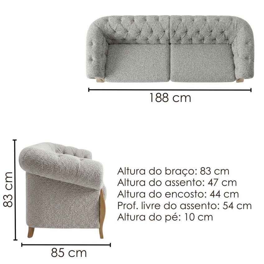 Sofá Living Capitonê 2 Lugares Milano 188 Cm Pé Madeira Boucle Tce 1018 Moll - imagem 3