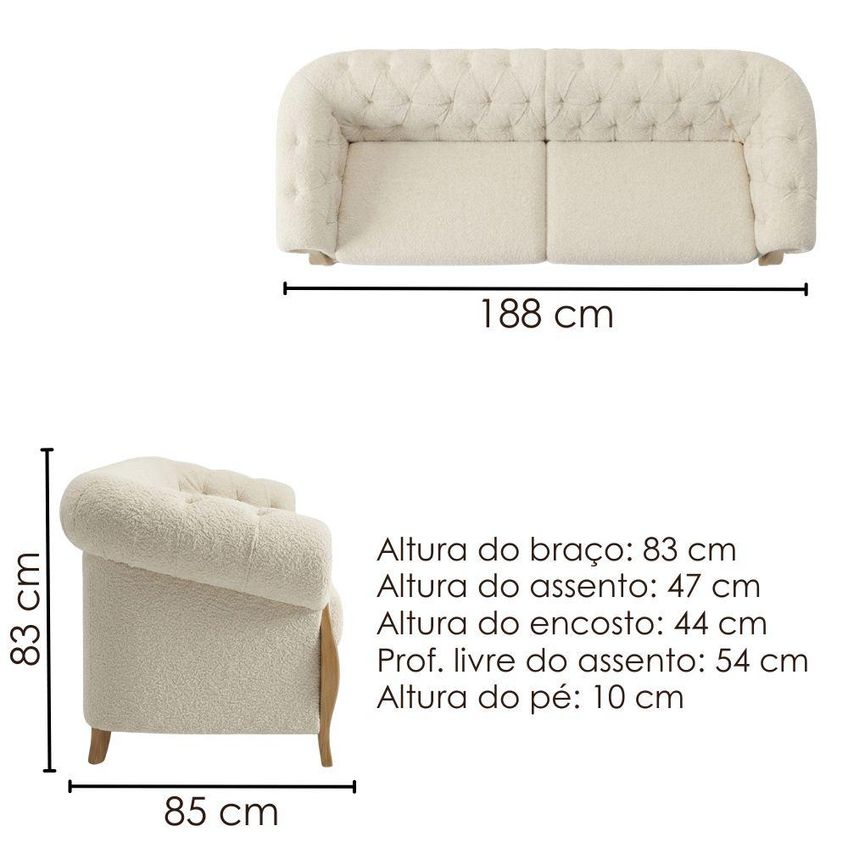 Sofá Living Capitone 2 Lugares Milano 188 Cm Pes Madeira Boucle Tce 1010 Moll - imagem 3