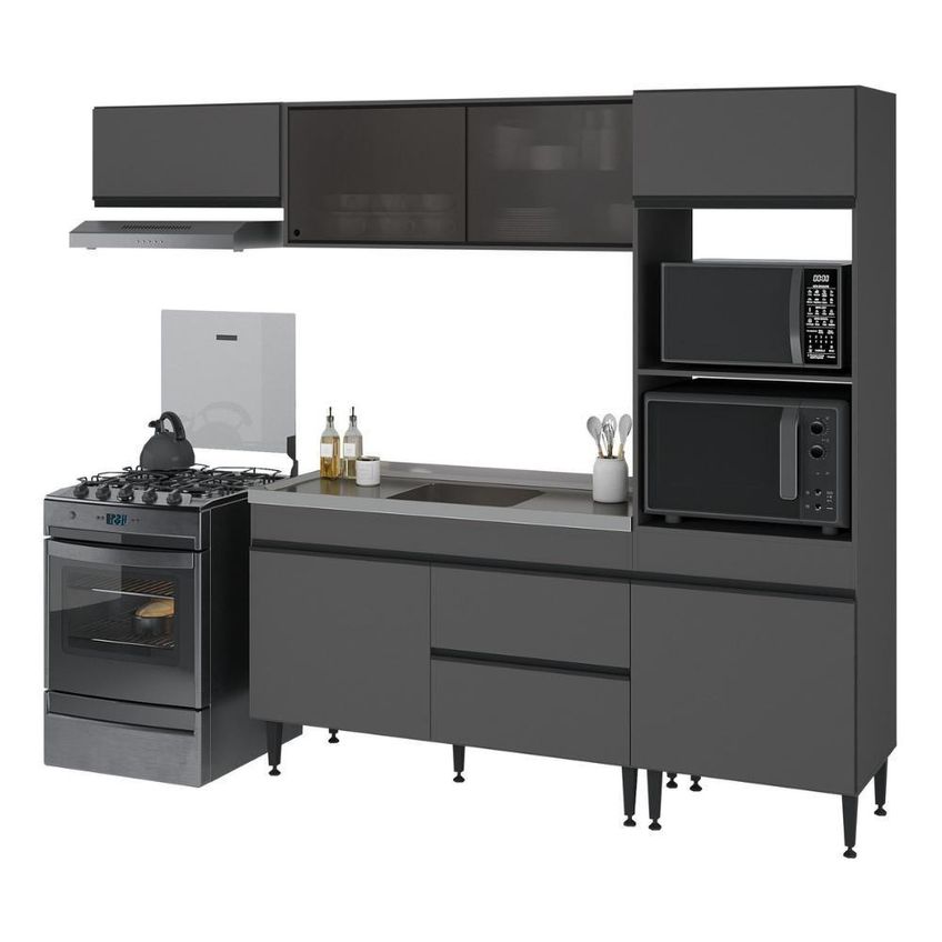 Armário De Cozinha Modulada Completa 7 Portas 1 Gaveta MDP 251,5cm Grafite Multimóveis - imagem 4