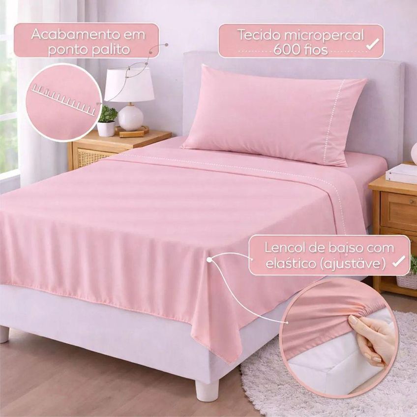 Jogo De Cama Lençol Egipicio Solteiro 3 Peças Micropercal 600 Fios Macio Rosa Casa Show Enxovais - imagem 3