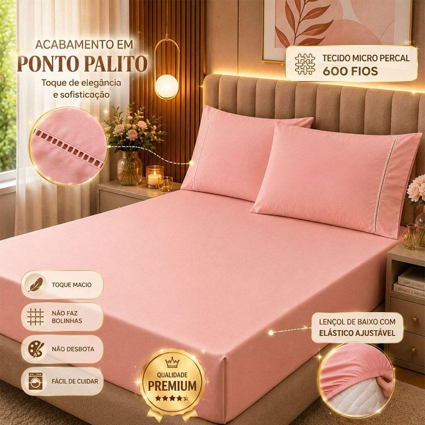 Jogo De Cama Quality Queen 3 Peças Micropercal 600 Fios Salmão Casa Show Enxovais - imagem 3