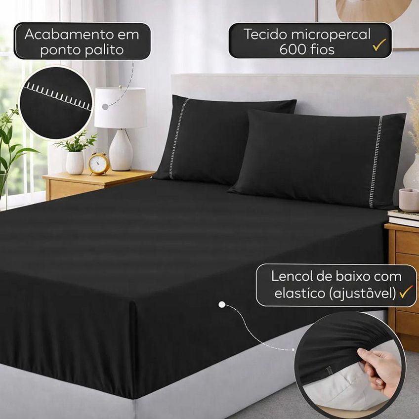 Jogo De Cama Lençol Egipicio King 3 Peças Micropercal 600 Fios Preto Casa Show Enxovais - imagem 3