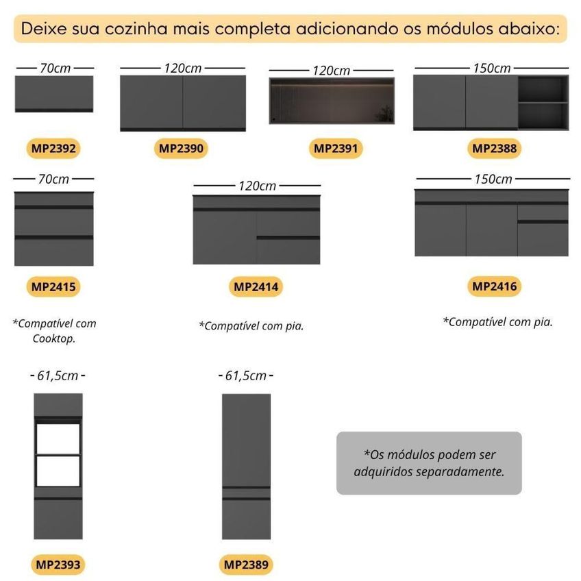 Cozinha Completa Milano 7 Portas 1 Gaveta MDP-MDF 251,5cm Grafite E Preto Multimóveis - imagem 4