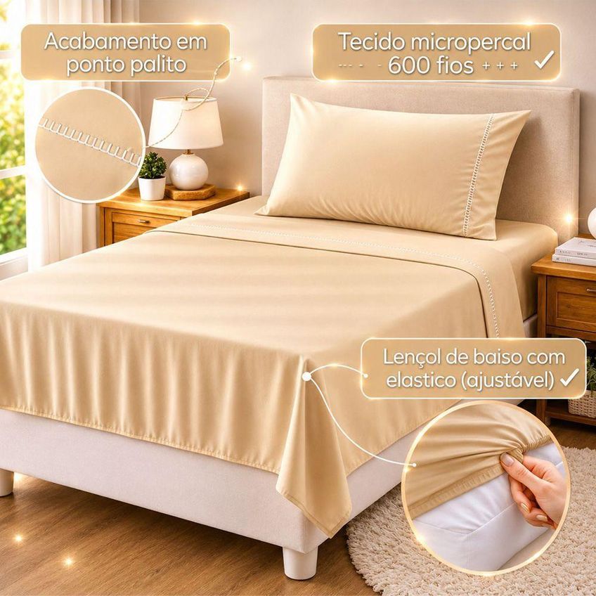 Jogo De Cama Quality Solteiro 100% Poliéster Micropercal 600 Fios Bege Casa Show Enxovais - imagem 3