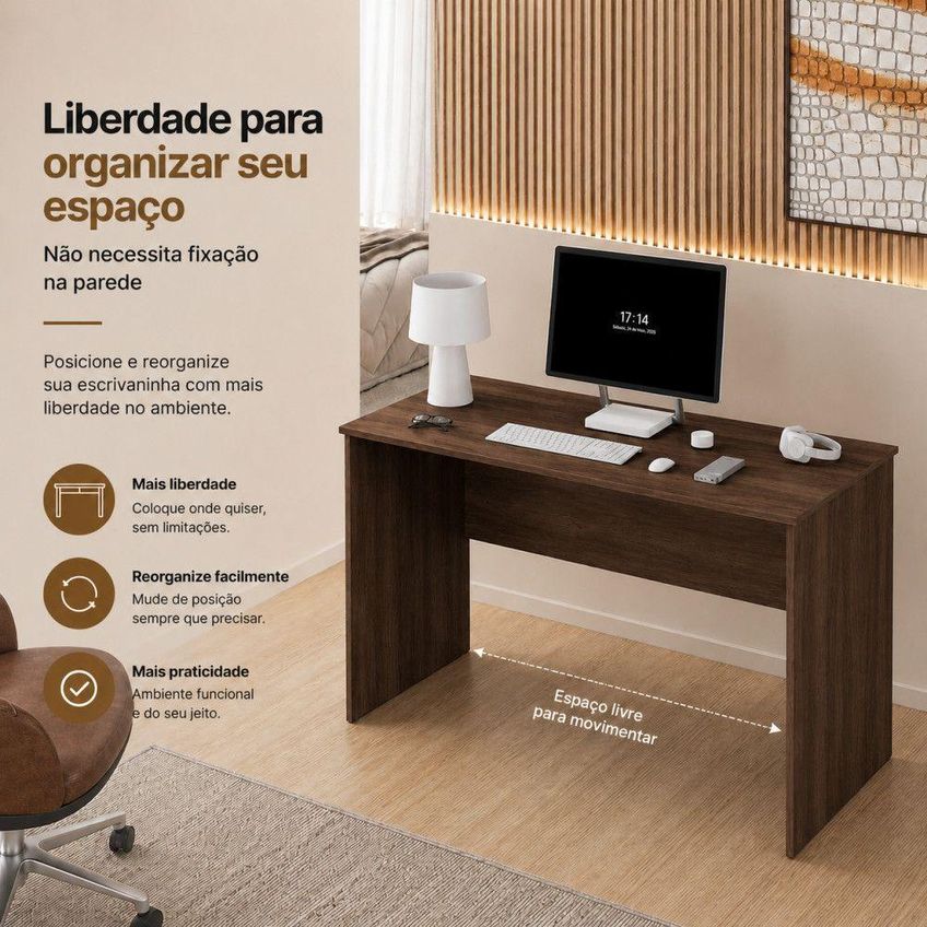 Escrivaninha Retangular Arizona Moderno Sem Gavetas MDF 115cm Castanho - imagem 4