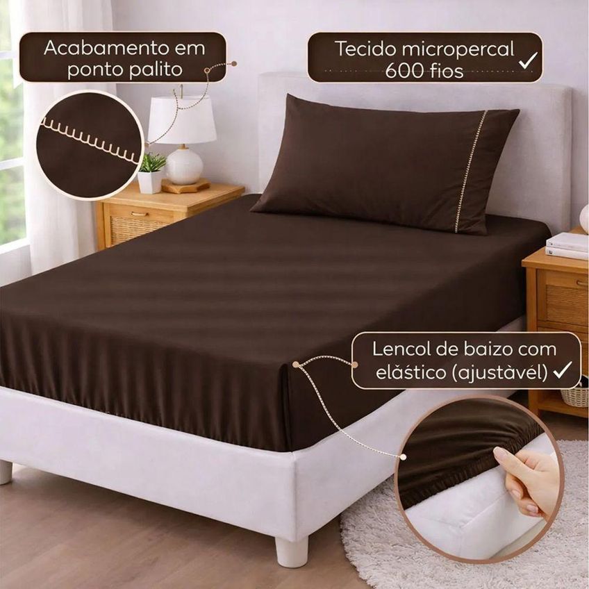 Jogo De Cama Lençol Egipicio Solteiro 2 Peças Micropercal 600 Fios Marrom Casa Show Enxovais - imagem 2