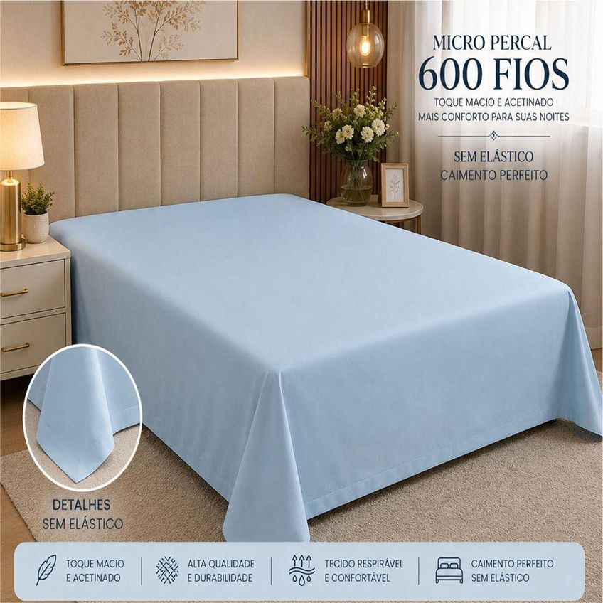 Lençol Avulso Quality Queen Micropercal 600 Fios Macio Sem Elástico Azul Claro - imagem 4