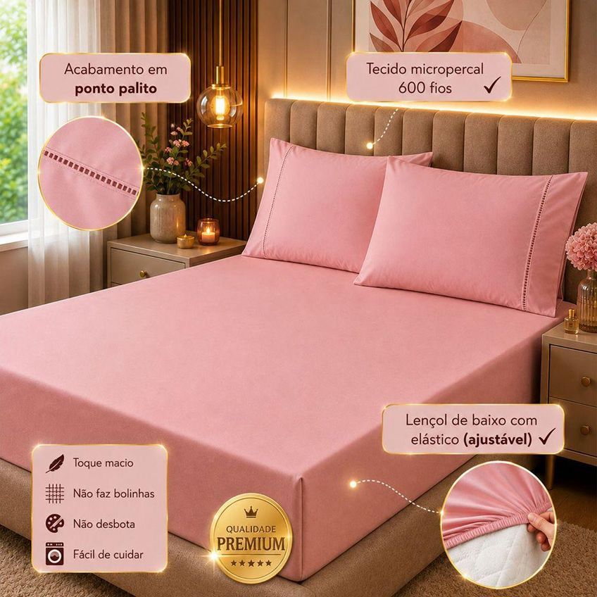 Jogo De Cama Lençol Quality Padrão 3 Peças Micropercal 600 Fios Rosê Casa Show Enxovais - imagem 3