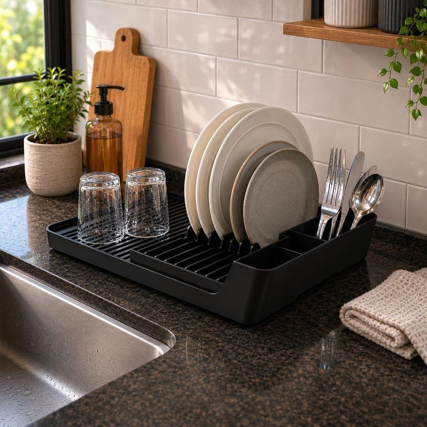 Escorredor De Louças E Talheres Smart Plástico Resistente Compartimento Exclusivo Cozinha Preto - imagem 4