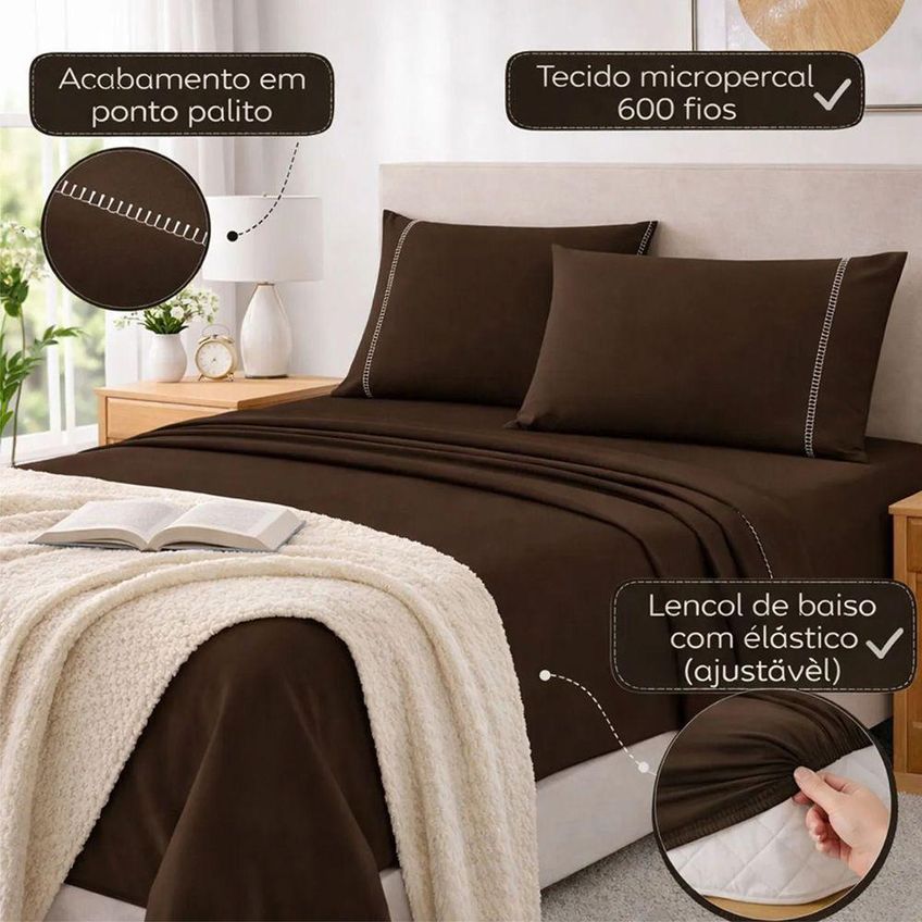 Jogo De Cama Lençol Egipicio King 4 Peças Micropercal 600 Fios Marrom Casa Show Enxovais - imagem 3