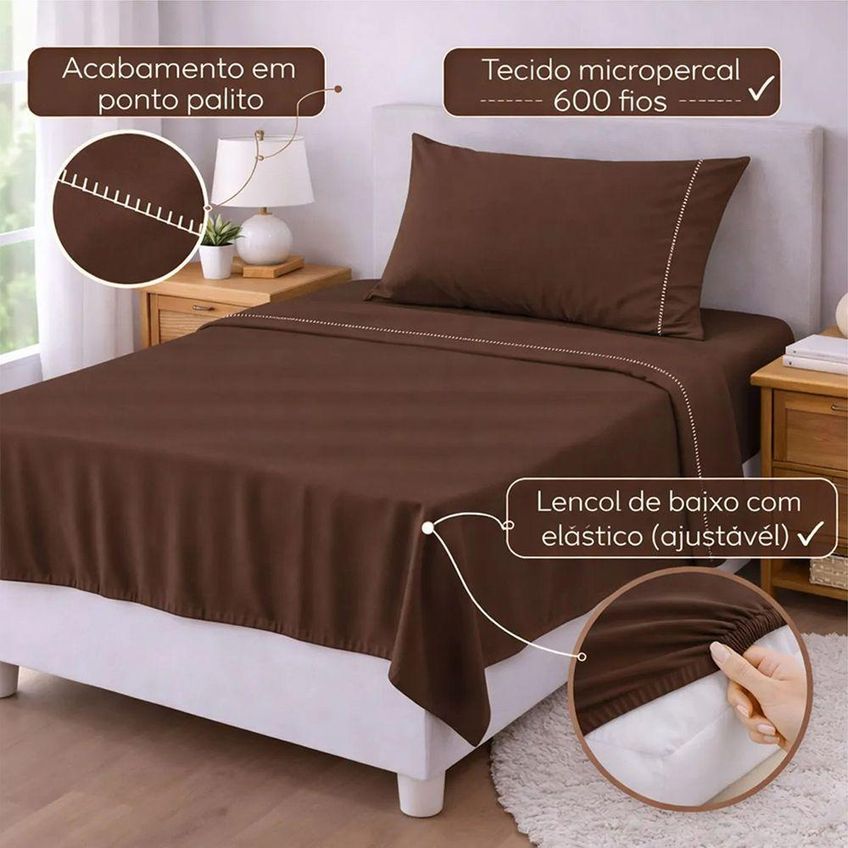 Jogo De Cama Lençol Egipicio Solteiro 3 Peças Micropercal 600 Fios Marrom Casa Show Enxovais - imagem 3