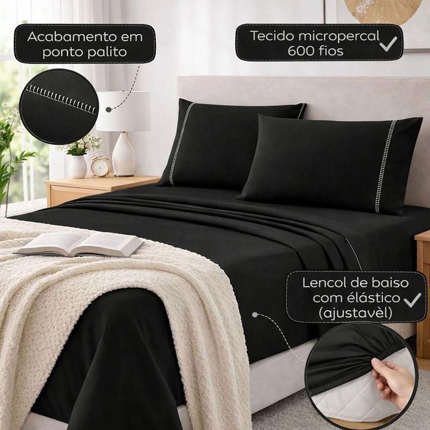 Jogo De Cama Lençol Egipicio Queen 4 Peças Micropercal 600 Fios Preto Casa Show Enxovais - imagem 4