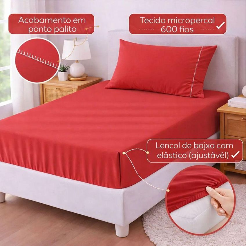 Jogo De Cama Lençol Egípcio Solteiro 2 Peças Micropercal 600 Fios Macio Vermelho Casa Show Enxovais - imagem 3