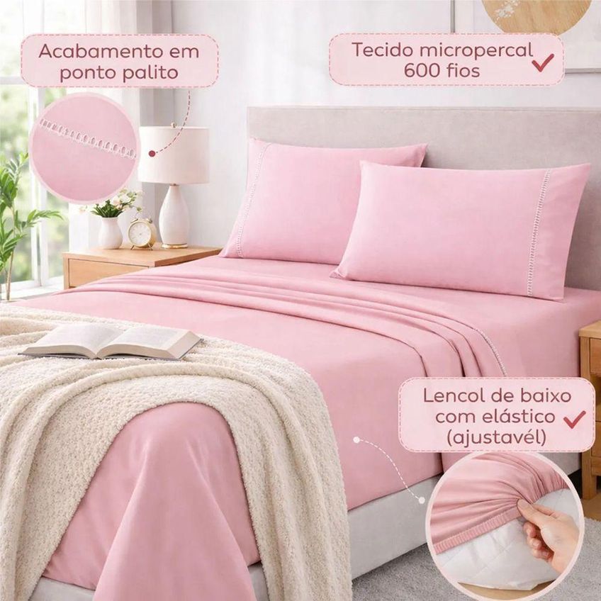 Jogo De Cama Lençol Egípcio Padrão Queen 4 Peças Micropercal 600 Fios Rosa Casa Show Enxovais - imagem 3
