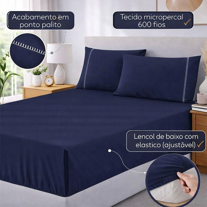 Jogo De Cama Lençol Egipicio King 3 Peças Micropercal 600 Fios Marinho Casa Show Enxovais - imagem 4