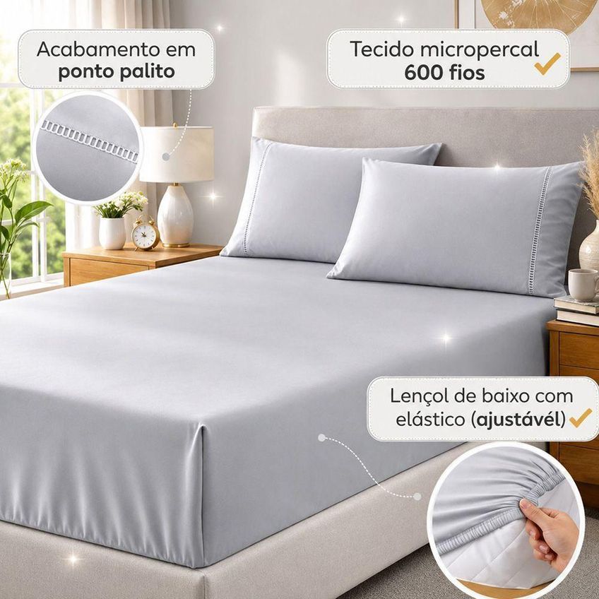 Jogo De Cama Quality Queen 3 Peças Micropercal 600 Fios Cinza Casa Show Enxovais - imagem 3