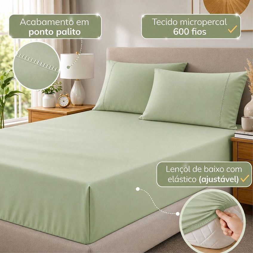 Jogo De Cama Quality Queen 3 Peças Micropercal 600 Fios Verde Claro Casa Show Enxovais - imagem 3