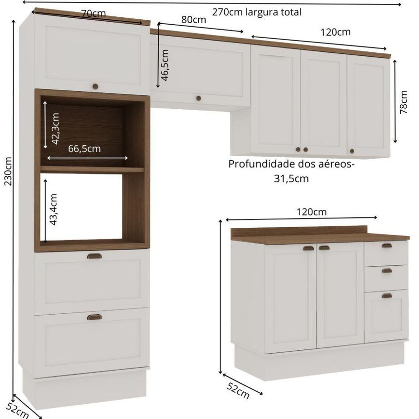 Cozinha Compacta 4 Peças Iluminata 8 Portas 4 Gavetas MDF-MDP 270cm Branco-Ébano Genialflex Móveis - imagem 5