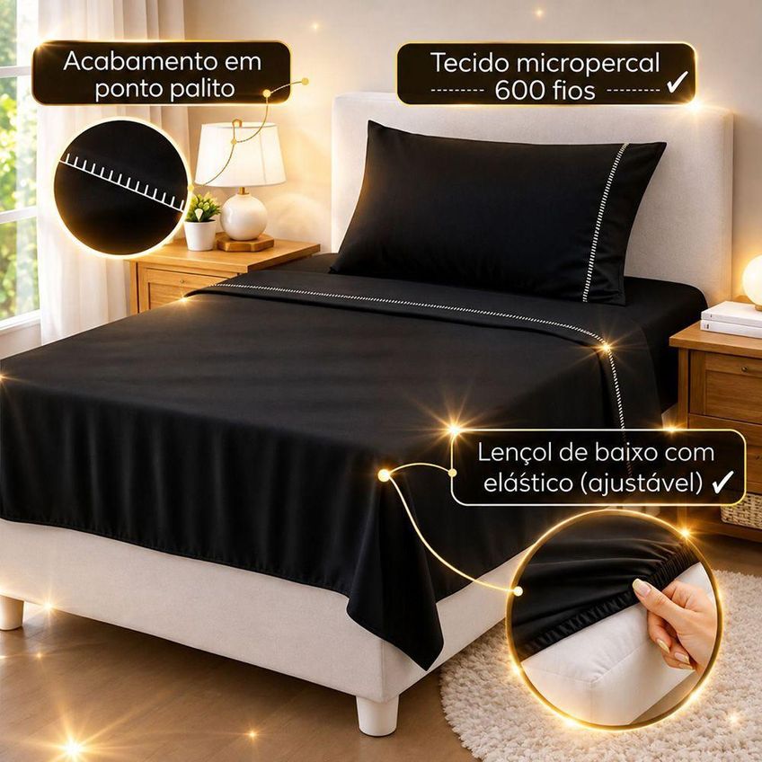 Jogo De Cama Quality Solteiro 3 Peças Micropercal 600 Fios Preto Casa Show Enxovais - imagem 4