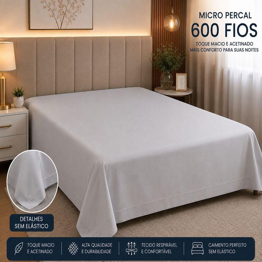 Lençol Avulso Quality Queen Micropercal 600 Fios Macio Sem Elástico Cinza - imagem 4