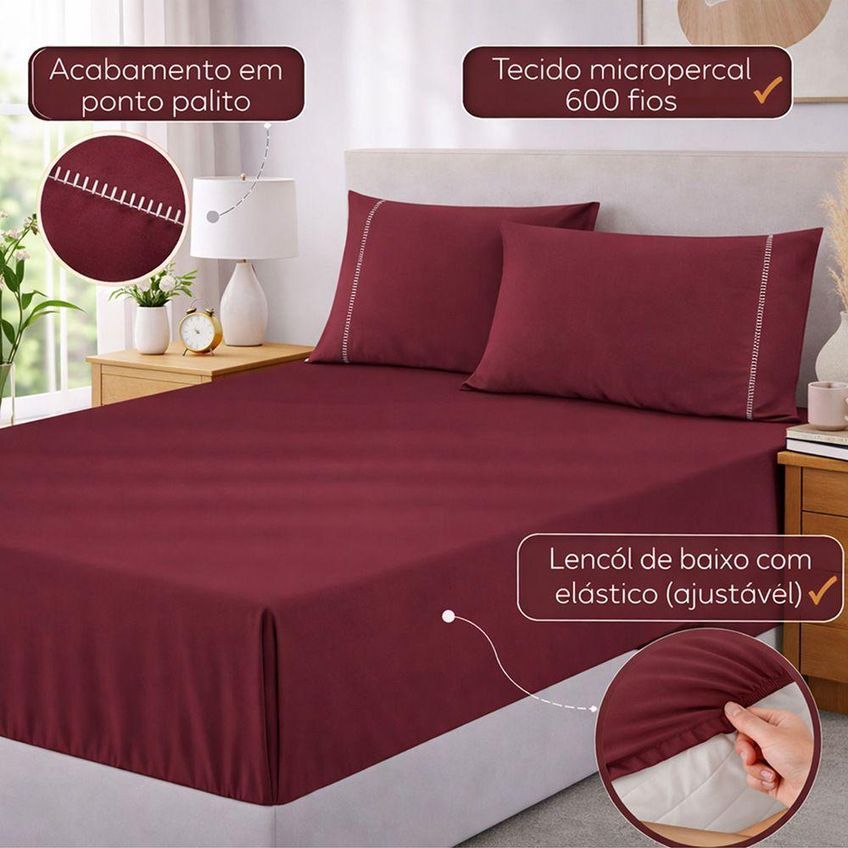 Jogo De Cama Lençol Egipicio King 3 Peças Micropercal 600 Fios Vinho Casa Show Enxovais - imagem 3