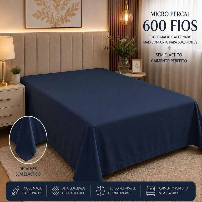 Lençol Avulso Quality Queen Micropercal 600 Fios 100% Poliéster Macio Sem Elástico Marinho - imagem 3
