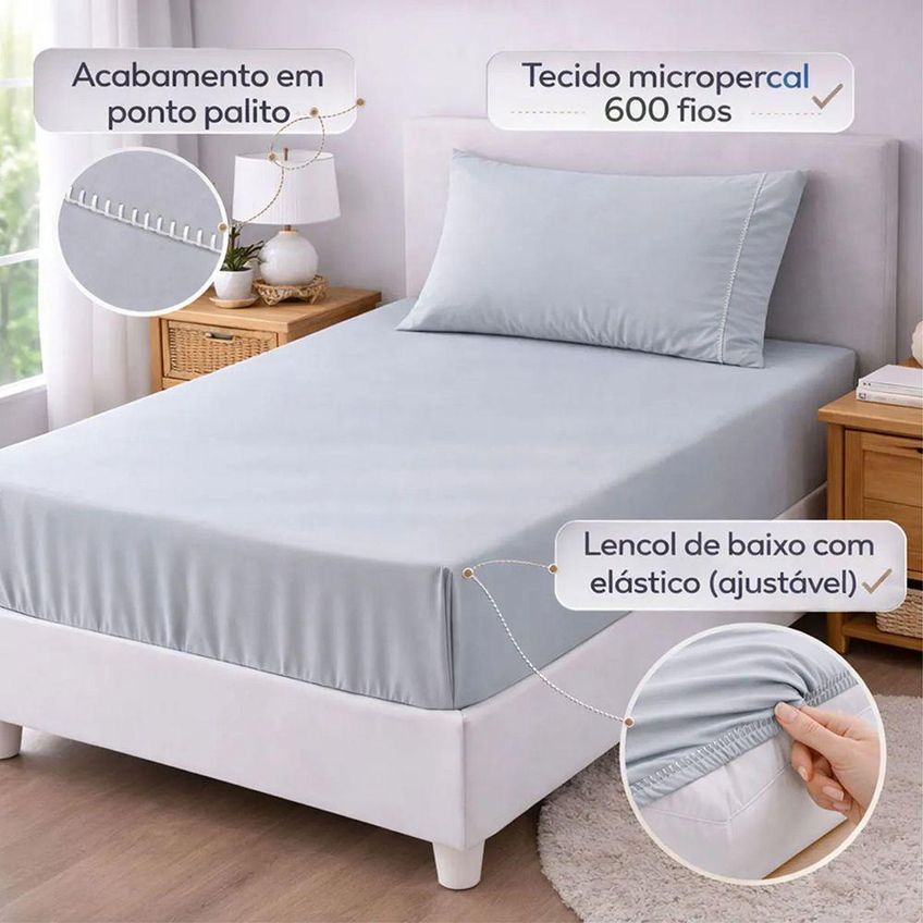 Jogo De Cama Lençol Egipicio Solteiro 2 Peças Micropercal 600 Fios Cinza Casa Show Enxovais - imagem 3