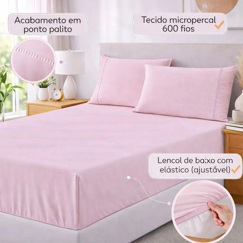 Jogo De Cama Lençol Egípcio King 3 Peças Micropercal 600 Fios Macio Rosa Casa Show Enxovais - imagem 3
