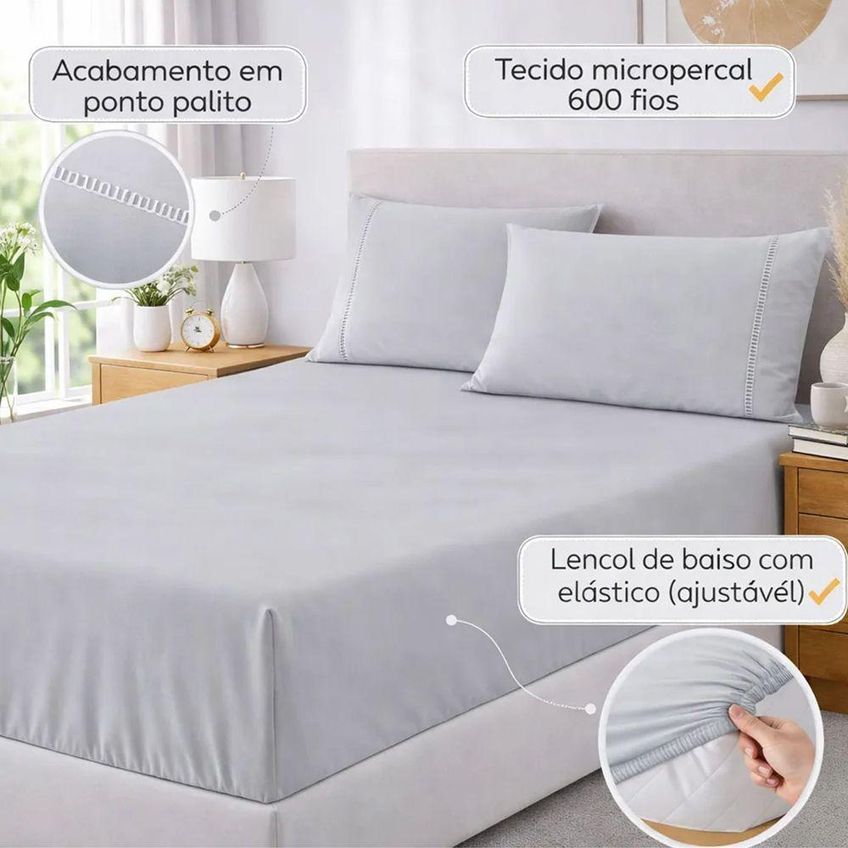 Jogo De Cama Lençol Egipicio Queen 3 Peças Micropercal 600 Fios Cinza Casa Show Enxovais - imagem 4