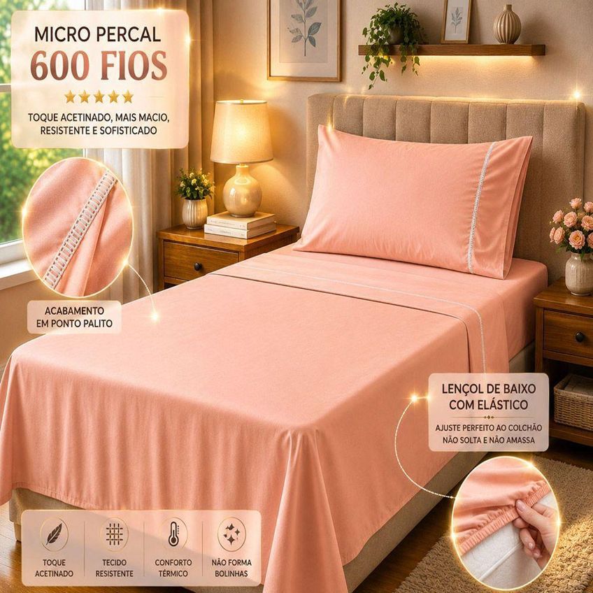 Jogo De Cama Quality Solteiro Micropercal 600 Fios Macio Salmão Casa Show Enxovais - imagem 2