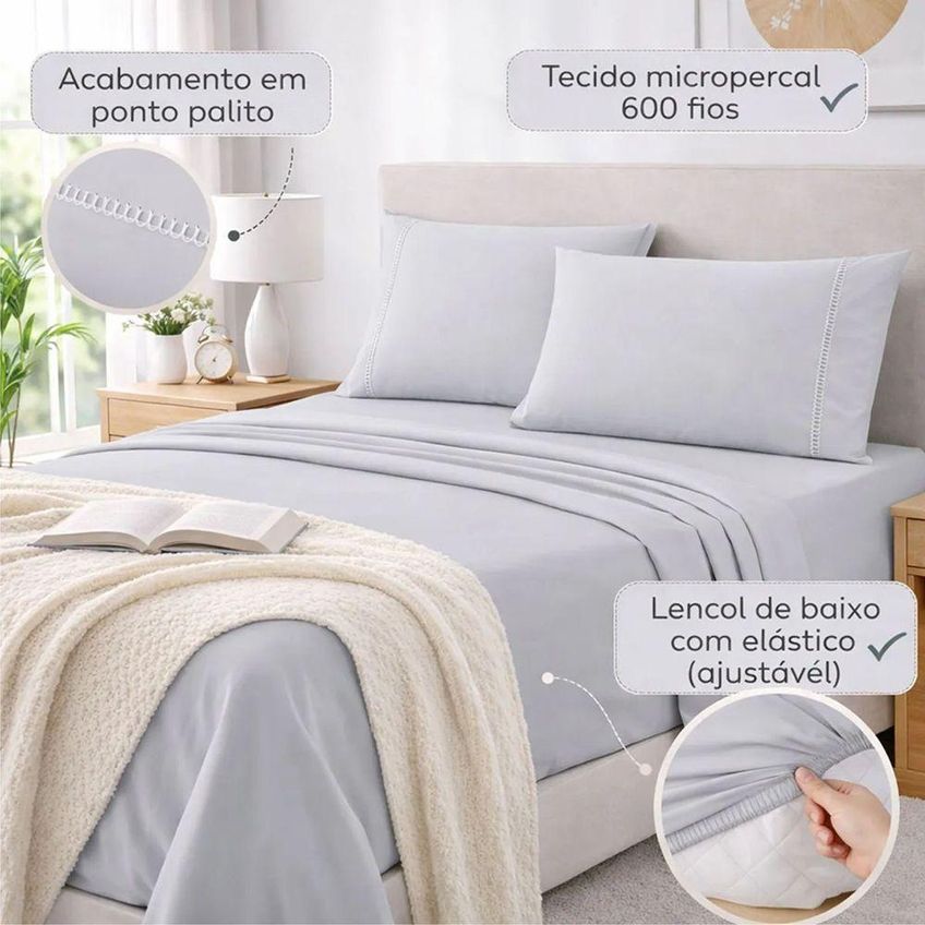 Jogo De Cama Lençol Egipicio Queen 4 Peças Micropercal 600 Fios Cinza Casa Show Enxovais - imagem 2