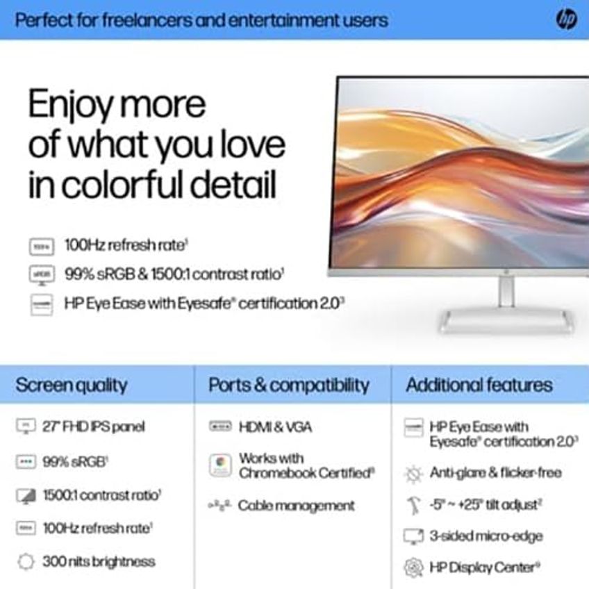 Monitor HP 27" Full HD IPS 100Hz 99% sRGB Preto/Prata - imagem 3