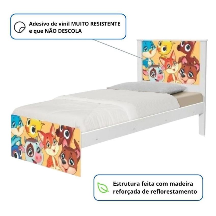 Cama Bicama Juvenil Solteiro Barcelona Adesivada Animais Com Colchões MDF MDP Branco Casah - imagem 3