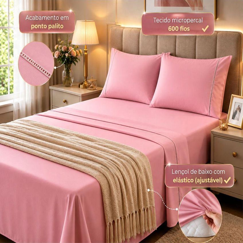 Jogo De Cama Quality King 4 Peças Micropercal 600 Fios Rosê Casa Show Enxovais - imagem 3