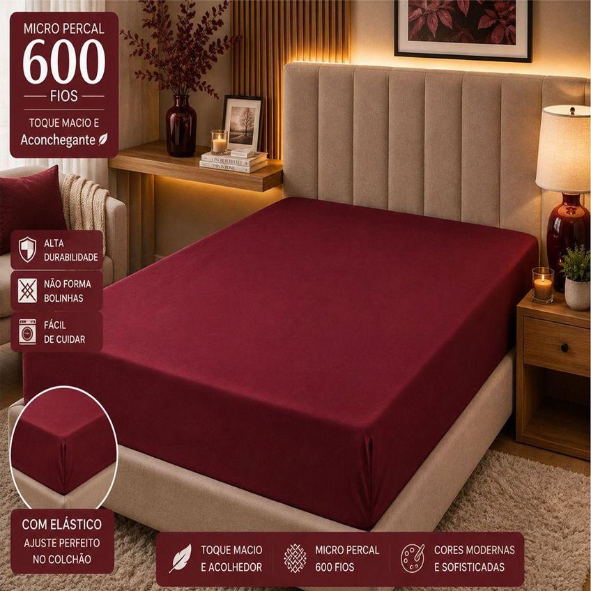 Lençol Solteiro Quality Micropercal 600 Fios 100% Poliéster Com Elástico Vinho Casa Show Enxovais - imagem 4