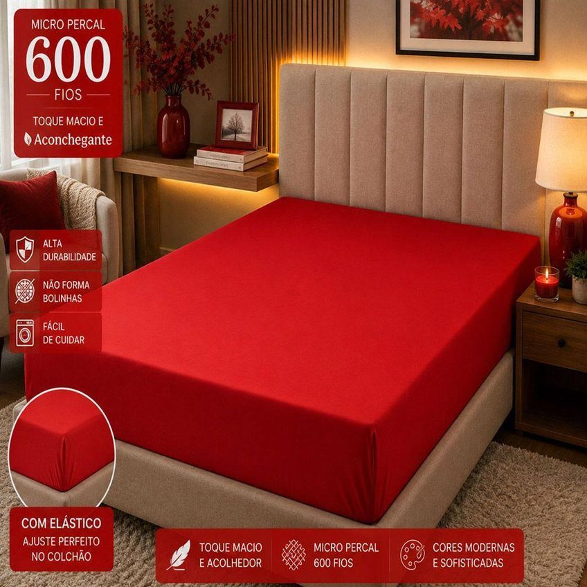 Jogo De Cama Lençol Quality King 600 Fios Micropercal Macio Vermelho Casa Show Enxovais - imagem 3