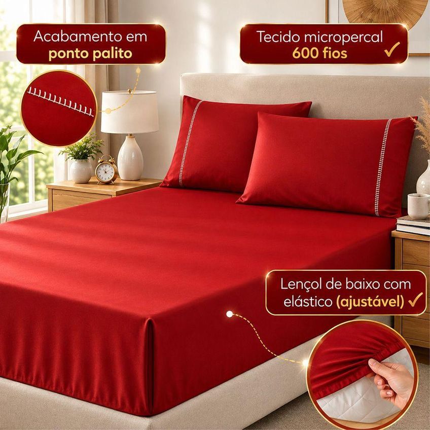 Jogo De Cama Lençol Quality King 3 Peças Micropercal 600 Fios Vermelho Casa Show Enxovais - imagem 3