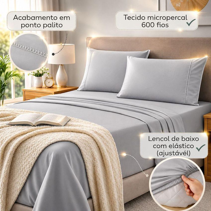 Jogo De Cama Quality King 4 Peças Micropercal 600 Fios Cinza Casa Show Enxovais - imagem 3