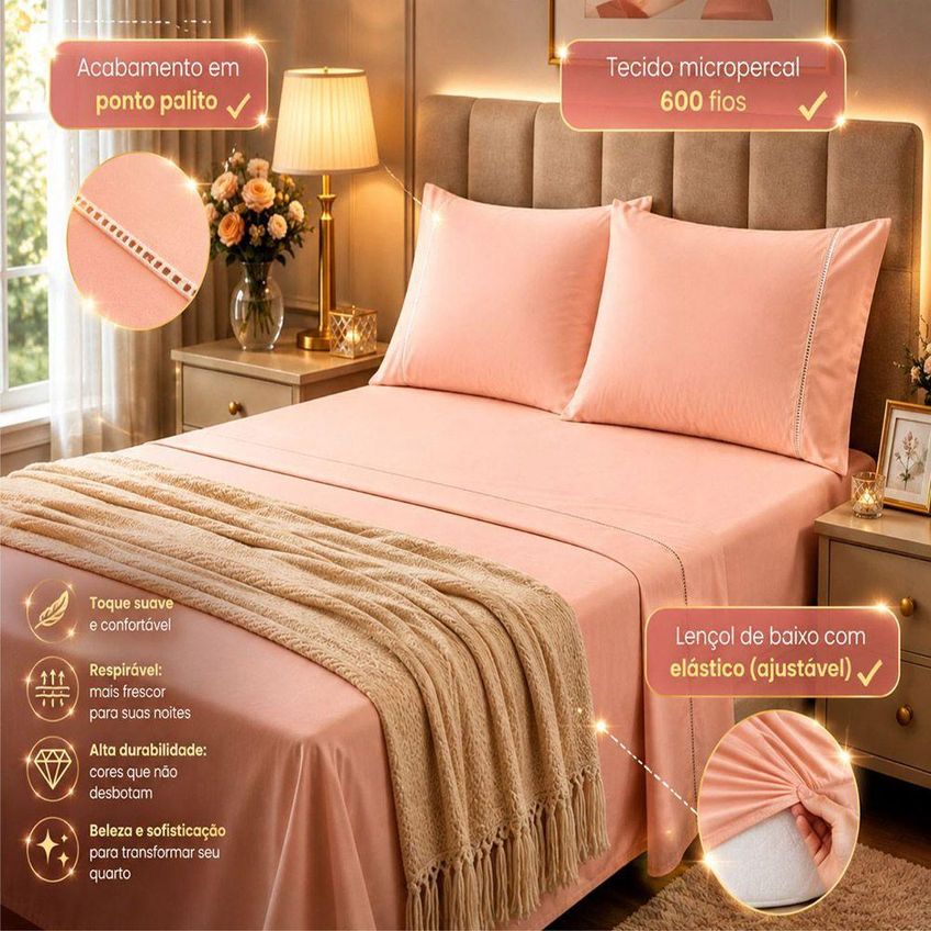 Jogo De Cama Quality Queen 4 Peças Micropercal 600 Fios Salmão Casa Show Enxovais - imagem 4
